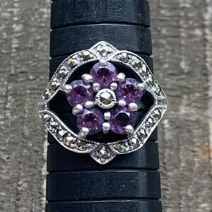 Sterling Silver, Amethyst and Marcasite Flower Ring Size 9 by Vintage